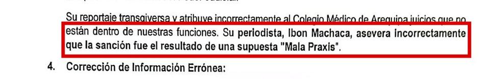 Marco Zegarra Alarcón: periodista Ibon Machaca asevera incorrectamente que la sanción fue resultado de supuesta mala praxis